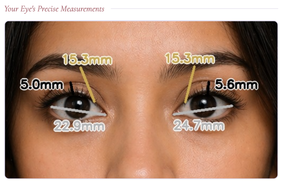 LashMap zone map showing eye measurements and lash style recommendations